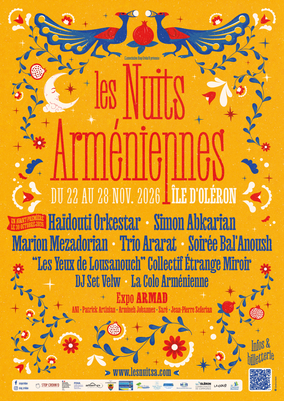 Affiche officielle des Nuits Arméniennes 2026, illustrée de fleurs et d’oiseaux sur fond jaune